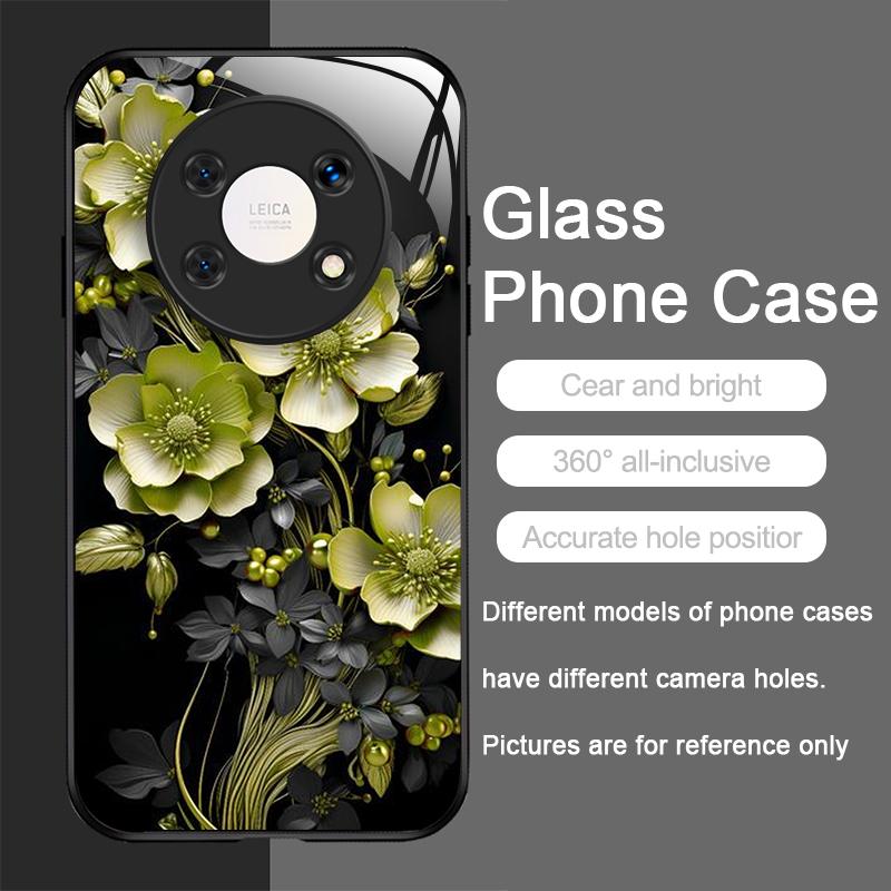 Vintage Floral Stylish Lotus Flower Tempered Glass Phone Case for Huawei Nova 13 12 SE 11 10 Pro Mate 40 30 P60 P50 P40 5G Cover