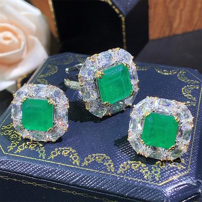 Jewelry Vintage Set Emerald Zircon Square Earrings Premium Temperament Earrings Stud Earrings