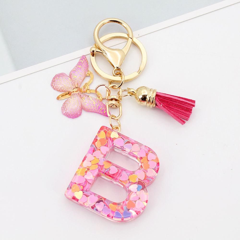Pink Butterfly Tassel & Resin Sequin Letter Keychain - Backpack Charm for Women