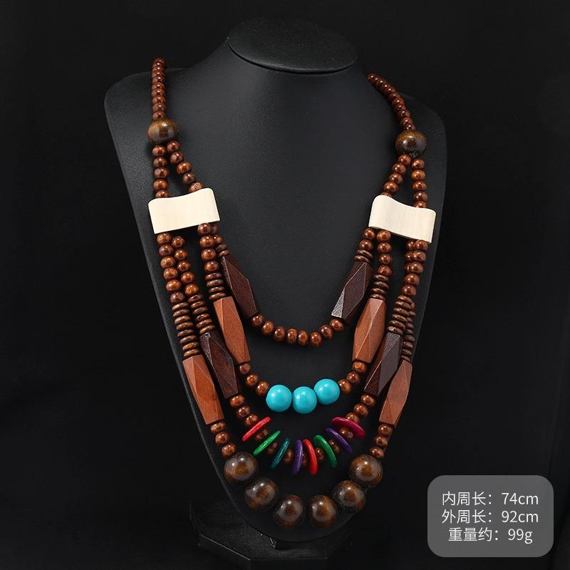 Vintage exaggerated wooden necklace Maillard vacation women's bohemian long niche sweater chain earrings