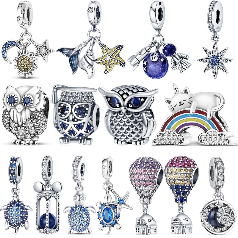 925 Silver Blue Space Earth Airplane Demon Eyes Pavé Clear Zircon Shiny Beads Fit Original  Charms Bracelet Women Jewelry