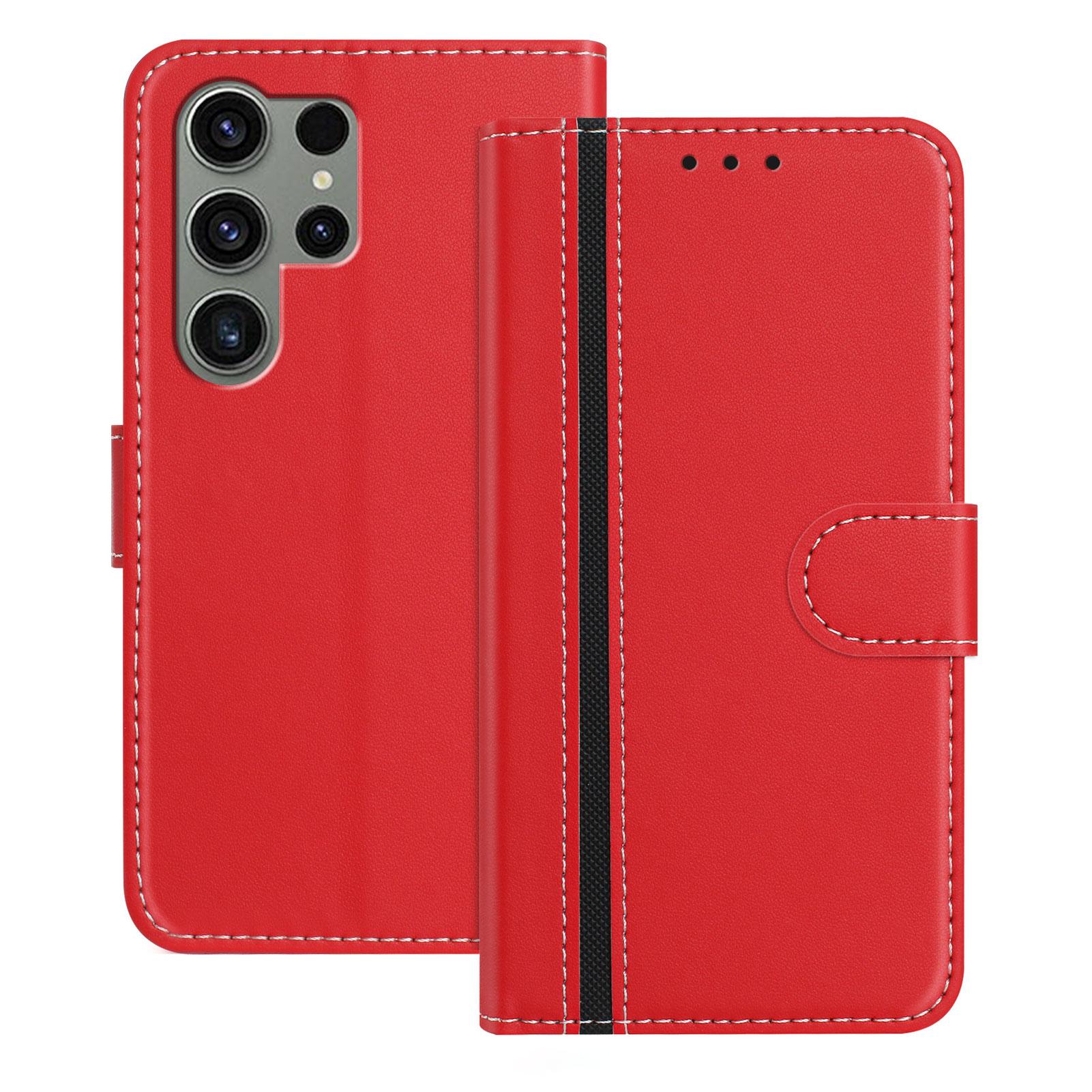 

For Samsung Galaxy S23 Ultra Phone Cases Wallet Stand Color Splicing Leather Cover with Magnetic Clasp Red