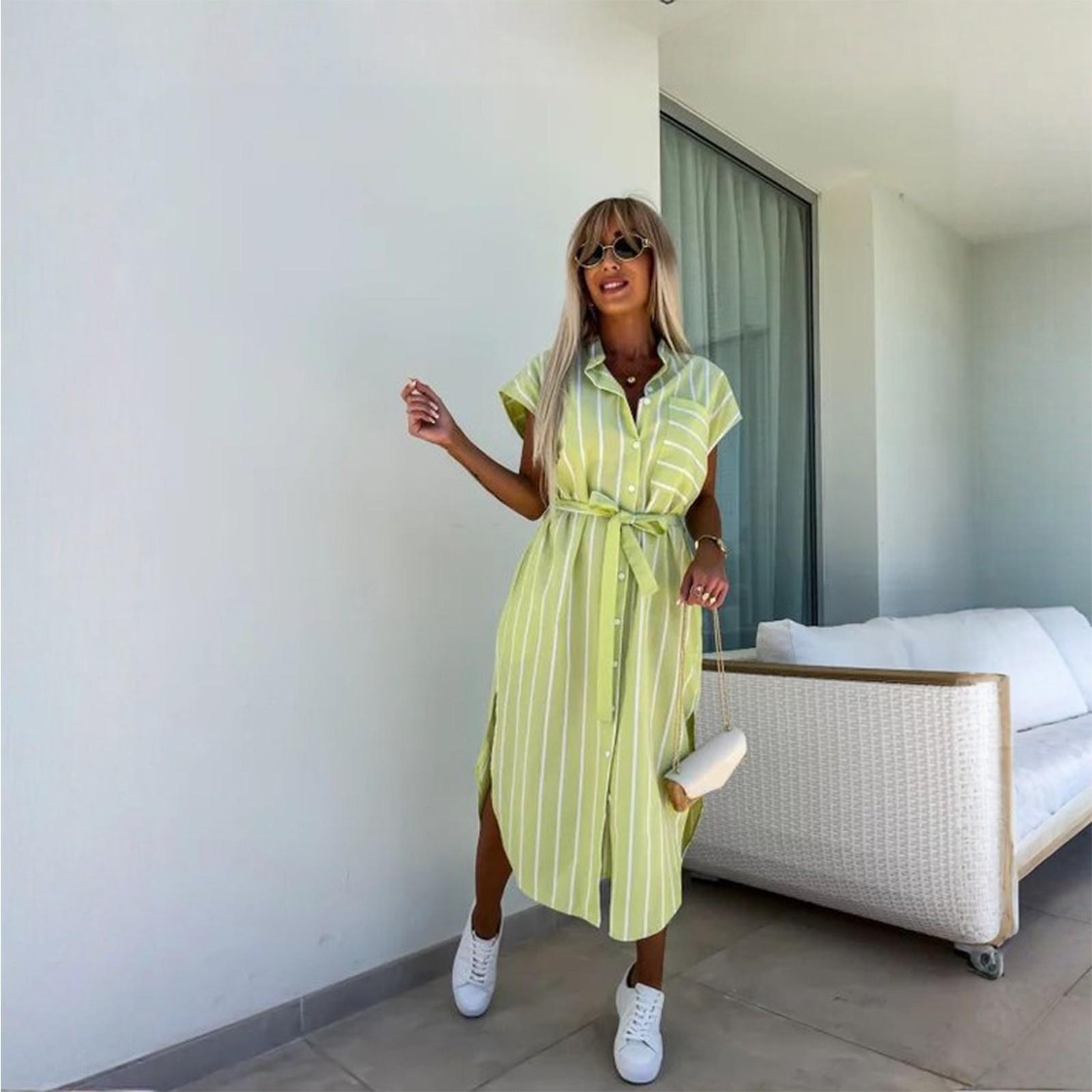 

Женское свободное удобное повседневное модное платье с короткими рукавами и полосатым принтом на поясе XL светло-зеленый