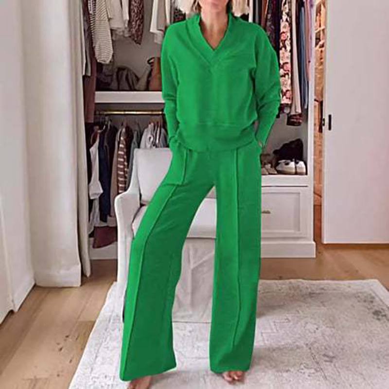 Women's Autumn  Winter Casual V-neck Long-sleeved Loose Top and Wide-leg Pants Two-piece Suit