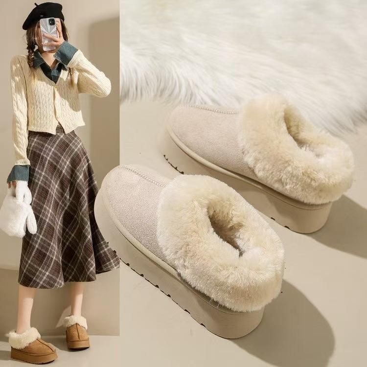 Winter new thick-soled heightening fluffy shoes snow boots women's low-top thickened outer wear one-pedal cotton shoes non-slip