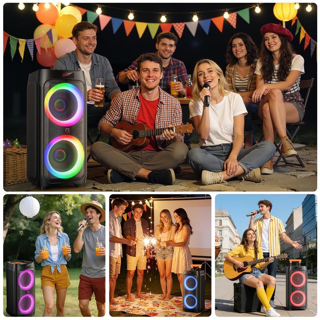 Karaoke Machine, Dual 8" Subwoofer Big Bluetooth Speaker with 500W Peak Power, PA System with DJ Light, Rolling Wheels and Trolley