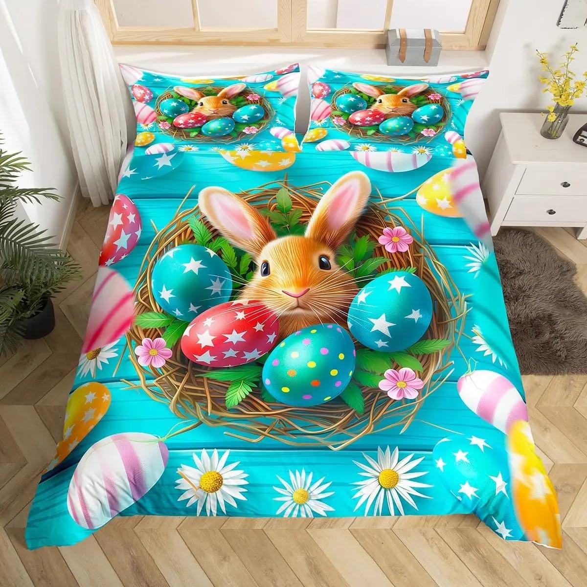 

Carton Rabit Soft Duvet Cover 2/3 Pcs Easter Egs Beding Set,Spring Botanical Daisy Flowers Warm Comforter Cover Twin Quen King-Sized Dimensionsd 135*200cm Eu-Single