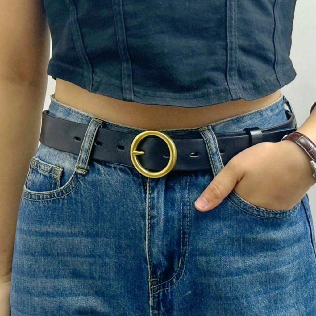 Retro couple style circle buckle leather needle buckle pure cowhide versatile men's and women's denim belt