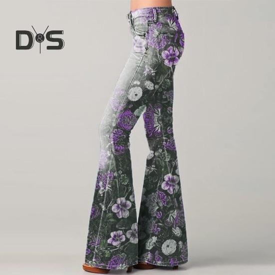 Women Denim Pants High-Waisted Floral Print Flared Jeans with Pockets Belt Ring Lightweight Breathable Jeans