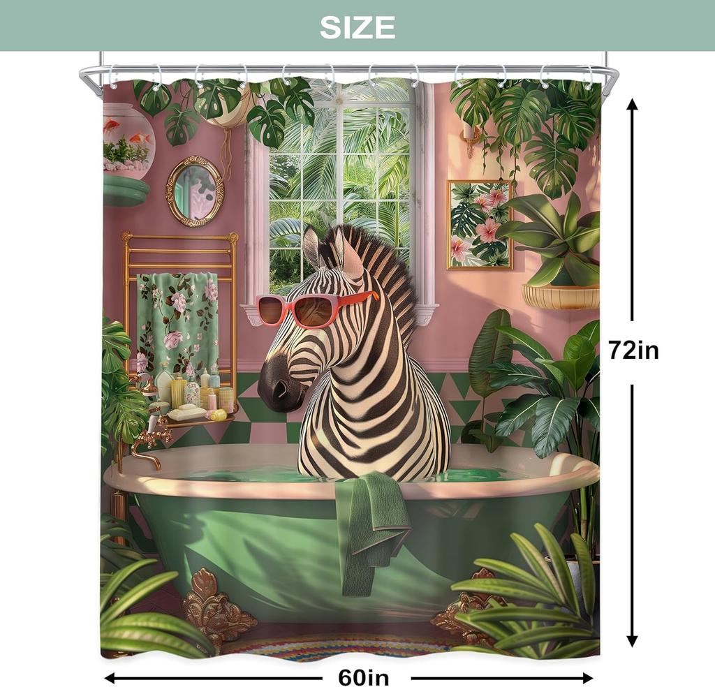 Funny Zebra Shower Curtain 60Wx72L Inch Fun Wild Animal in Bathtub Hilarious Cool Modern Tropical Green Leaves Plant Summer Bath