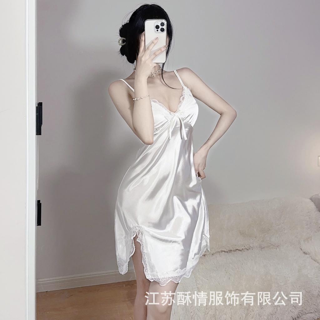 Sexy pure desire style new lace suspender nightdress women's satin thin sexy deep V split set