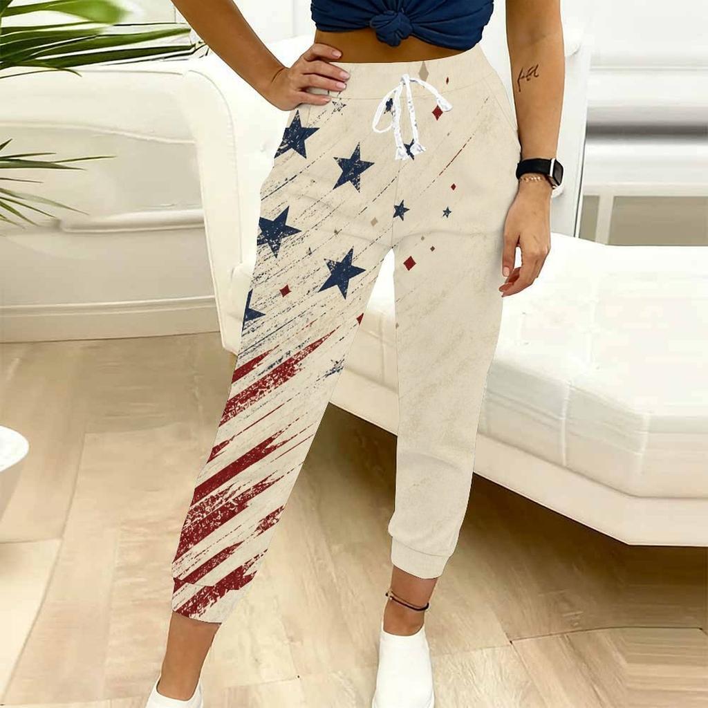 Women Plus Size American Flag Printed Jogger Pants Drawstring Waist Side Pockets Cuffed Ankle