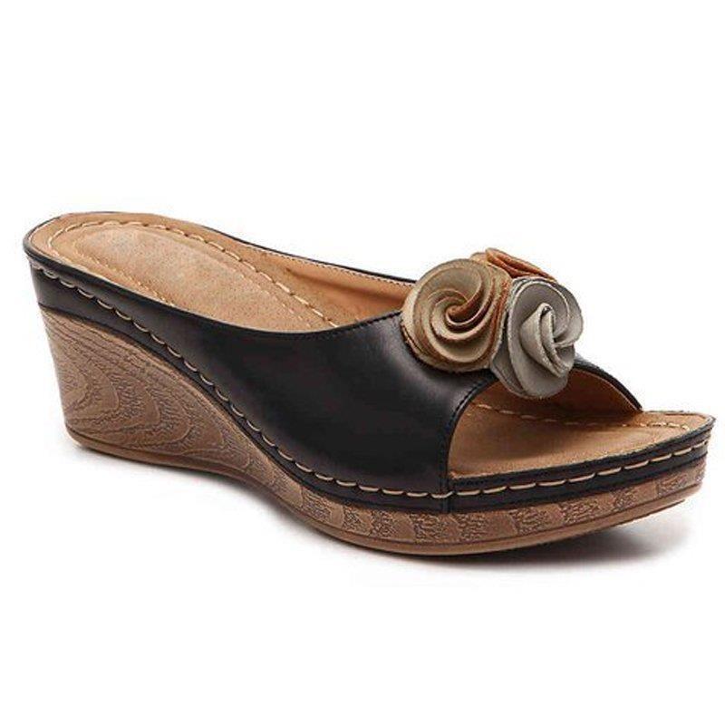 New flower cool slippers muffin thick-soled wedge heel women's slippers wish women's shoes-4 large size shoes