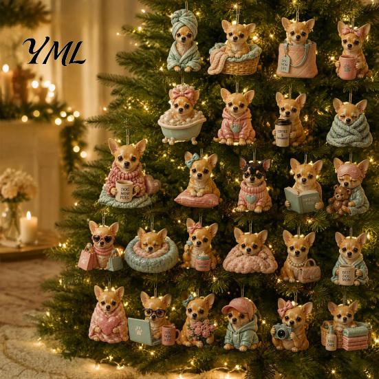 Set di Ornamenti di Natale Calendario dell'Avvento Cane 24 Giorni, Carini Ornamenti Appesi Piatto 2D Chihuahua, Regalo Conto alla Rovescia per le Feste per Amanti Diversi Acrilico