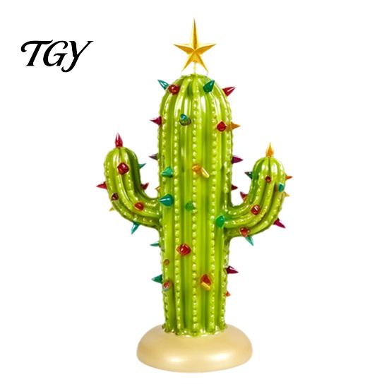 Resin Tabletop Decor for Home Vintage Lighted Cactus Christmas Tree, Saguaro with Bulbs & Golden Colorful Crystal Lamp Display Star Topper,