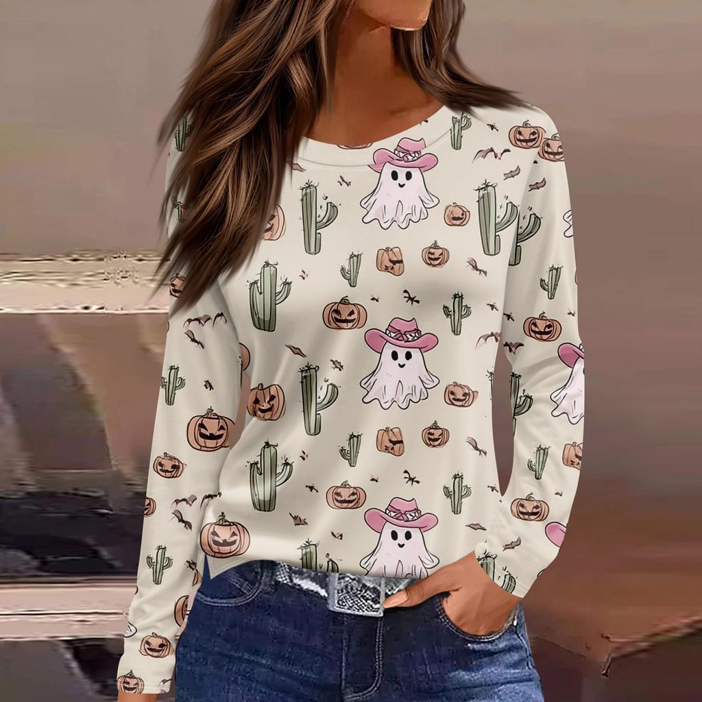 Women's Fashion Hem Slit Casual Halloween Printed Round Neck Long Sleeve Top