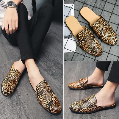 Summer Men Leather Casual Shoes Leopard Print Men's Mules Slippers Breathable Males Sandals Slip-on Half Loafers Zapatos Hombre