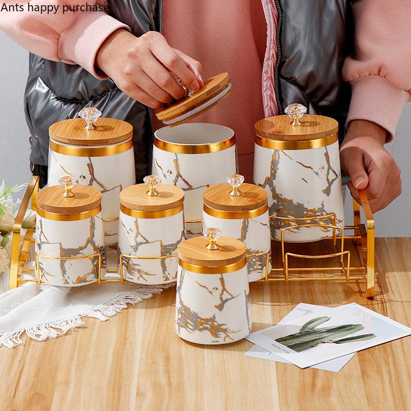 Ceramic Storage Jar 7 Piece Set Airtight Jar with Wooden Lid Storage Tank Food Storage Box Tea Caddy Spice Jars Kitchen Storage