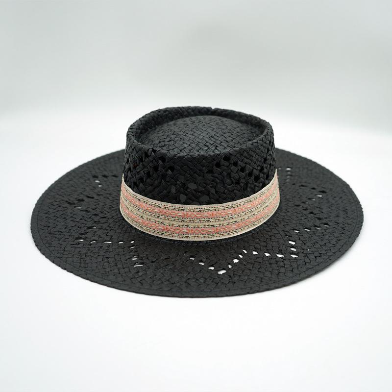 

Korean Version Japanese Beige Black Hollow Woven Panama Flat Top Top Hat Women S Summer Sunshade Sunscreen Travel Straw Hat M（56-58cm）