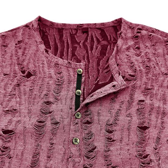 Summer Men Top Short Sleeves Round Neck Ripped Holes Buttons American Style Solid Color Shirt for Streetwear Daily Travel