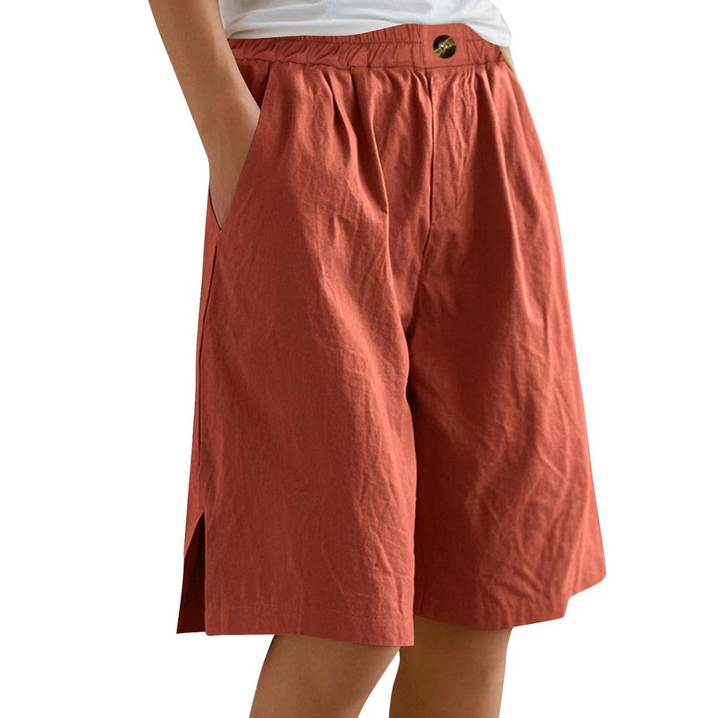 Women's Fashion Solid Color Pants Pocket Button Up Capris Loose Elastic Waist Cotton Linen Shorts
