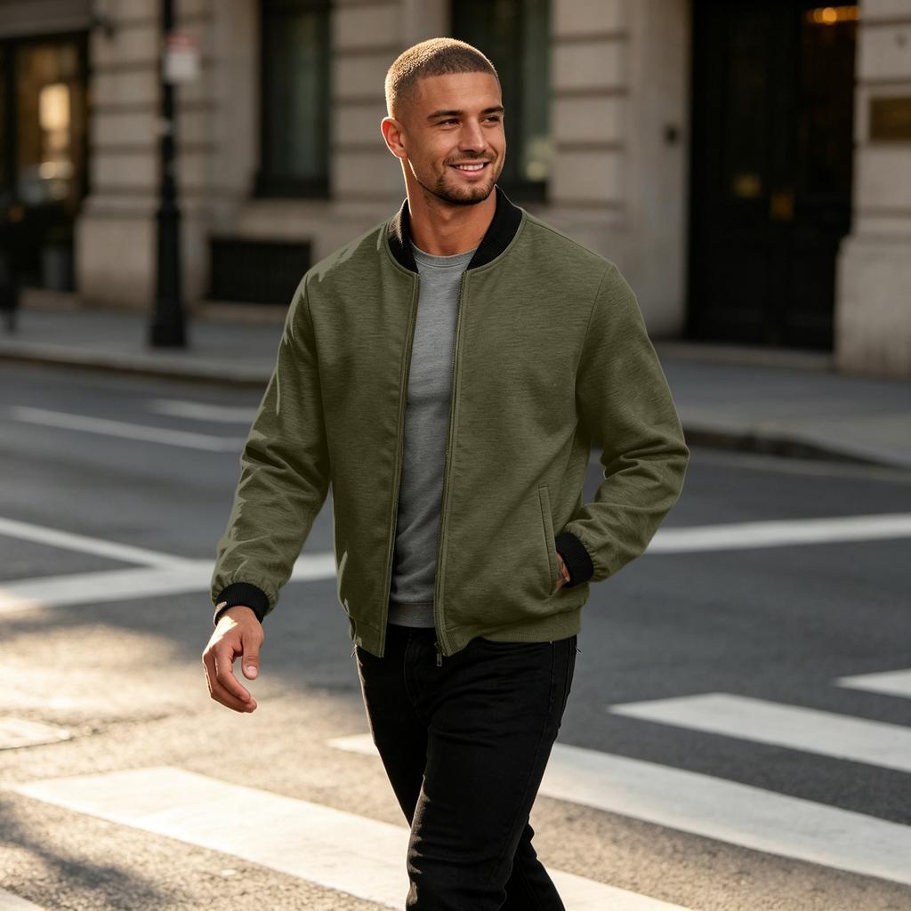 Men's Color Zip Up Baseball Jacket with Stand Collar