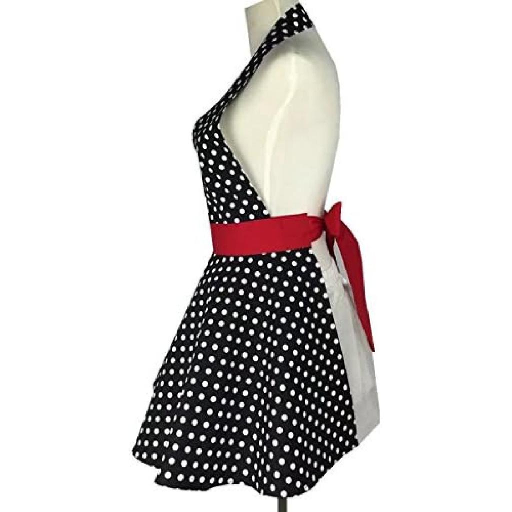 Hyzrz Lovely Retro Aprons for Women Cute Adjustable Cotton Sexy V-Necked Polka Dot Apron Classic Big Wave (Small Black Polka Dot)