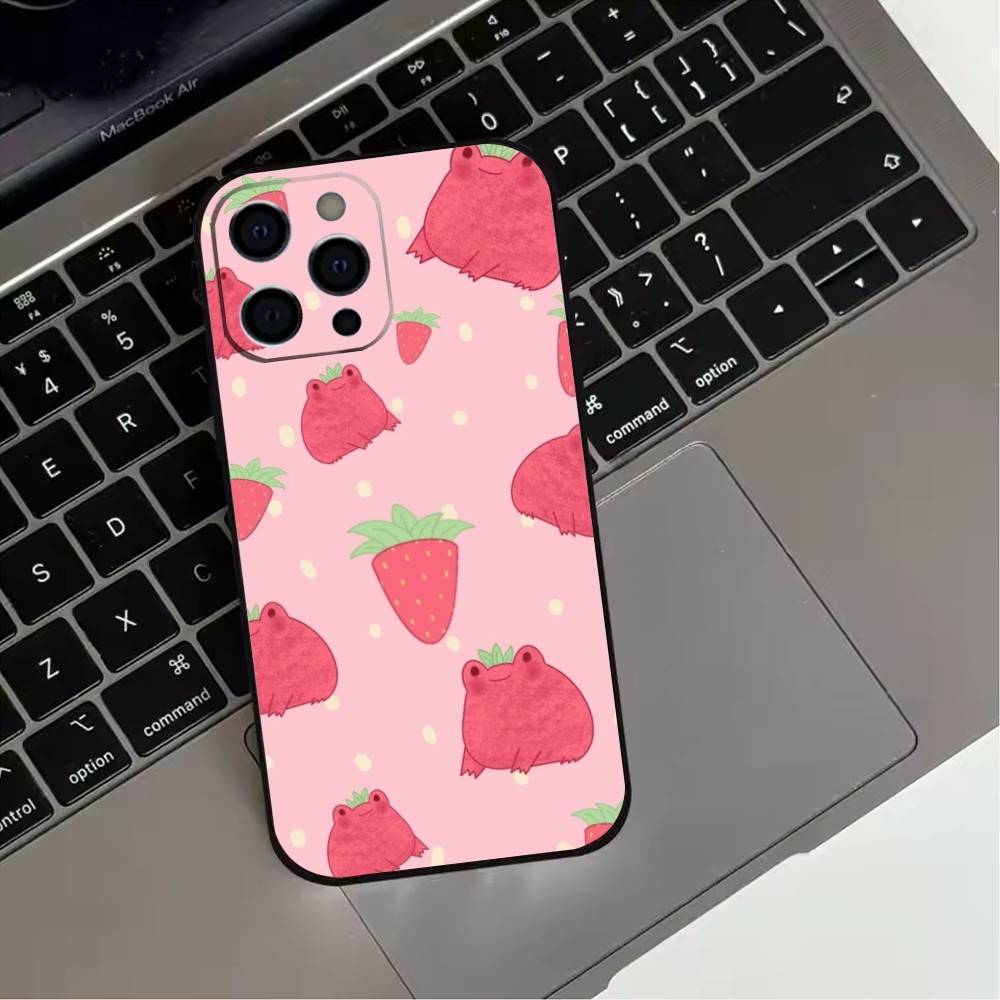 Cartoon F-Frog12 S-Strawberry Phone Case For iPhone17,16,15,14,13,12,11 Plus,Pro Max Soft Black Cover
