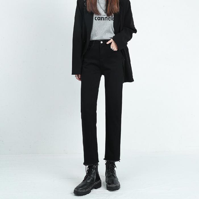 2025 Winter High-Waisted Black Frayed Straight Jeans: Velvet Lined, Loose Stretch Fit for Women 27