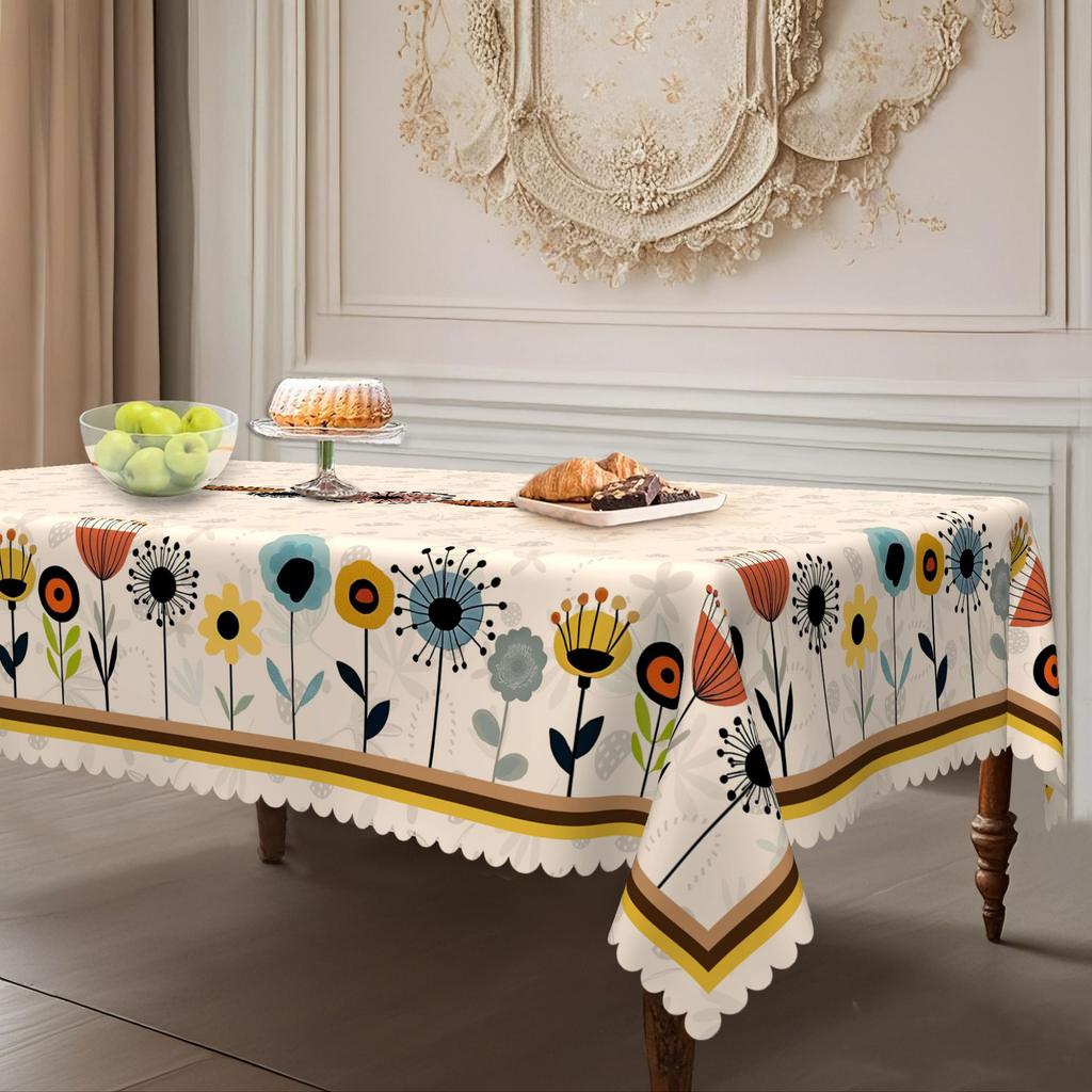 Retro Cartoon Colored Flower Round Dining Table Cloth, Waterproof And Oil-Proof Leave-In Tablecloth, Household Rectangular Dining Table Cloth