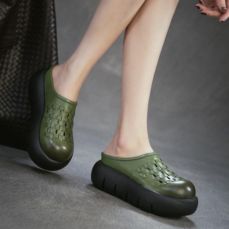 Johnature Chaussons d'extérieur rétro en cuir de vachette à semelles épaisses et bout rond, tissés à la main, polyvalents, pour femmes, à enfiler