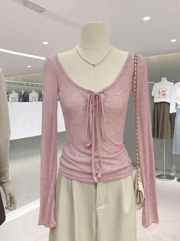 

Elegant Lace-Up Clavicle Slim Long-Sleeve U-Neck Top for Women S 85-95 cm