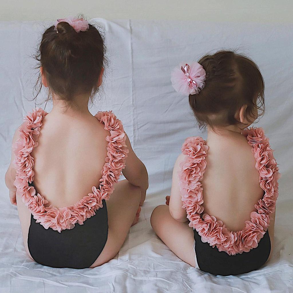 Luxury 3D Floral Backless Girls' One-Piece Swimsuit for Parent-Child Hot Springs