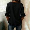 Damen locker geschnitten V-Ausschnitt Rüschensaum Knopfleiste Baumwolle Leinen Bluse Vintage Stil Halbarm Lässiger Pullover Oberteil Hemd