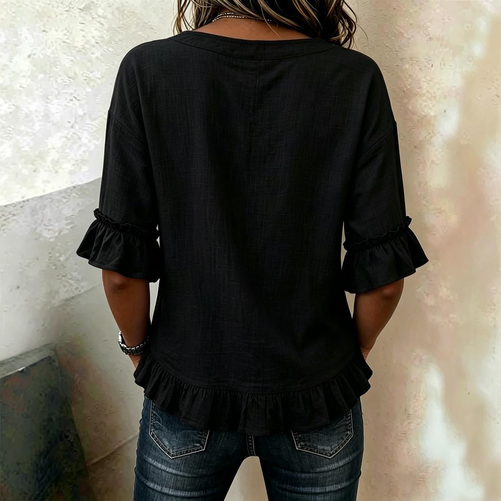 Damen locker geschnitten V-Ausschnitt Rüschensaum Knopfleiste Baumwolle Leinen Bluse Vintage Stil Halbarm Lässiger Pullover Oberteil Hemd