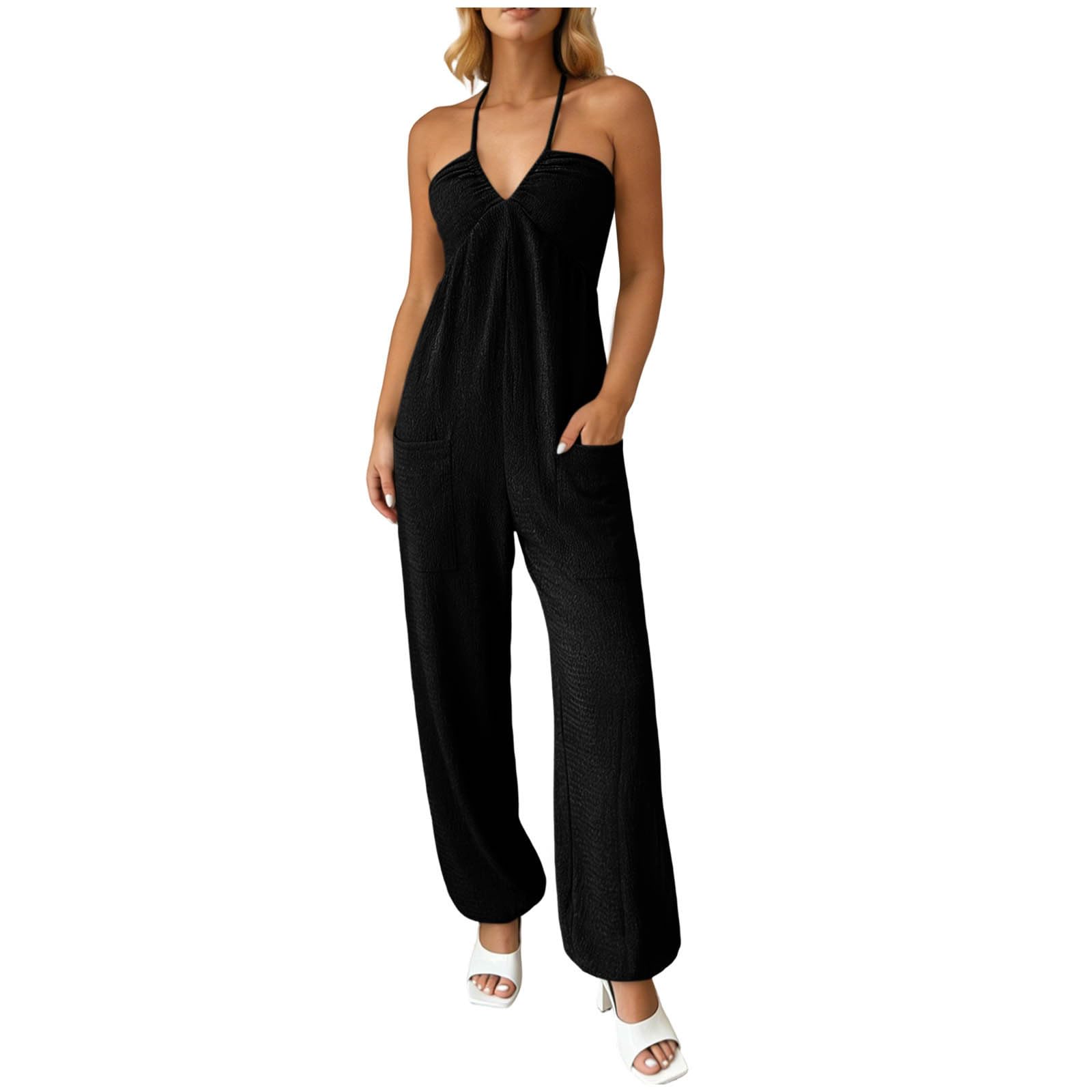 

Women s Color Neck Hanging Casual Fashion Jumpsuit M чёрный