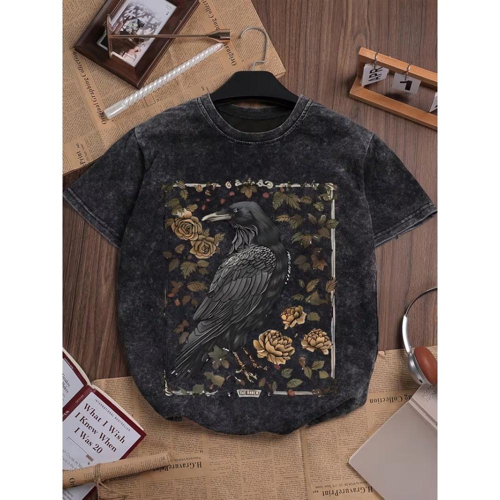 Vintage Gothic Rabe Print T-Shirt Unisex Gewaschenes Schwarz Rundhalsausschnitt Oversized Tee Y2K Streetwear Kurzarm