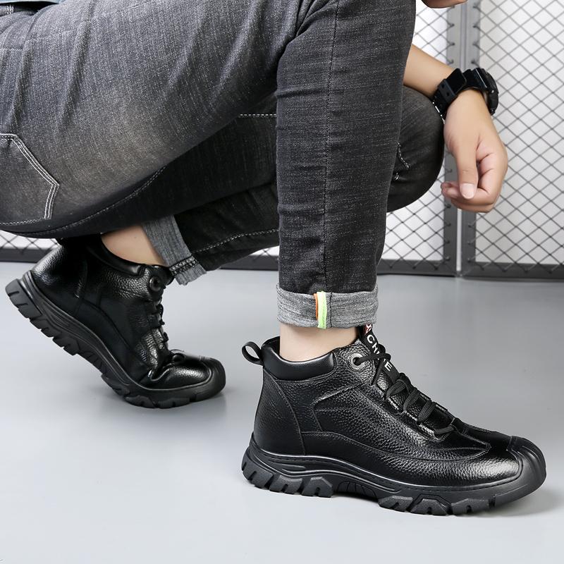 Fashion Leather Safety Shoes Men Work Boots Classic Thick Soled Men Black High Top Cotton Shoes Winter Outdoor Plush Warm Boots