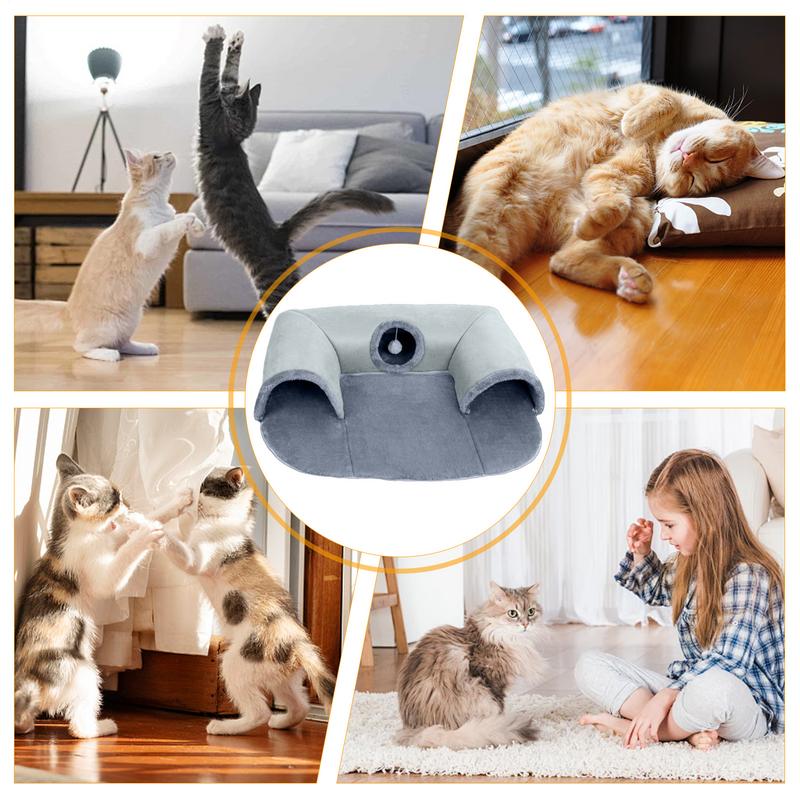 U Shape Cat Tunnel Bed For Indoor Kitten Cave Play Pet Supplies Seasonal Cat Couch with Hanging Plush Ball Toy