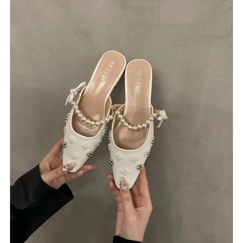 Fashion 2024 New Summer Women Sandals Natural Leather Shoes  Flock+sheepskin Pearl Chain Bow Back Loop Pointed Toe Women Shoes