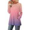 Women's Gradient Printed Round-neck Long-sleeved Top With Pockets And Side Slits