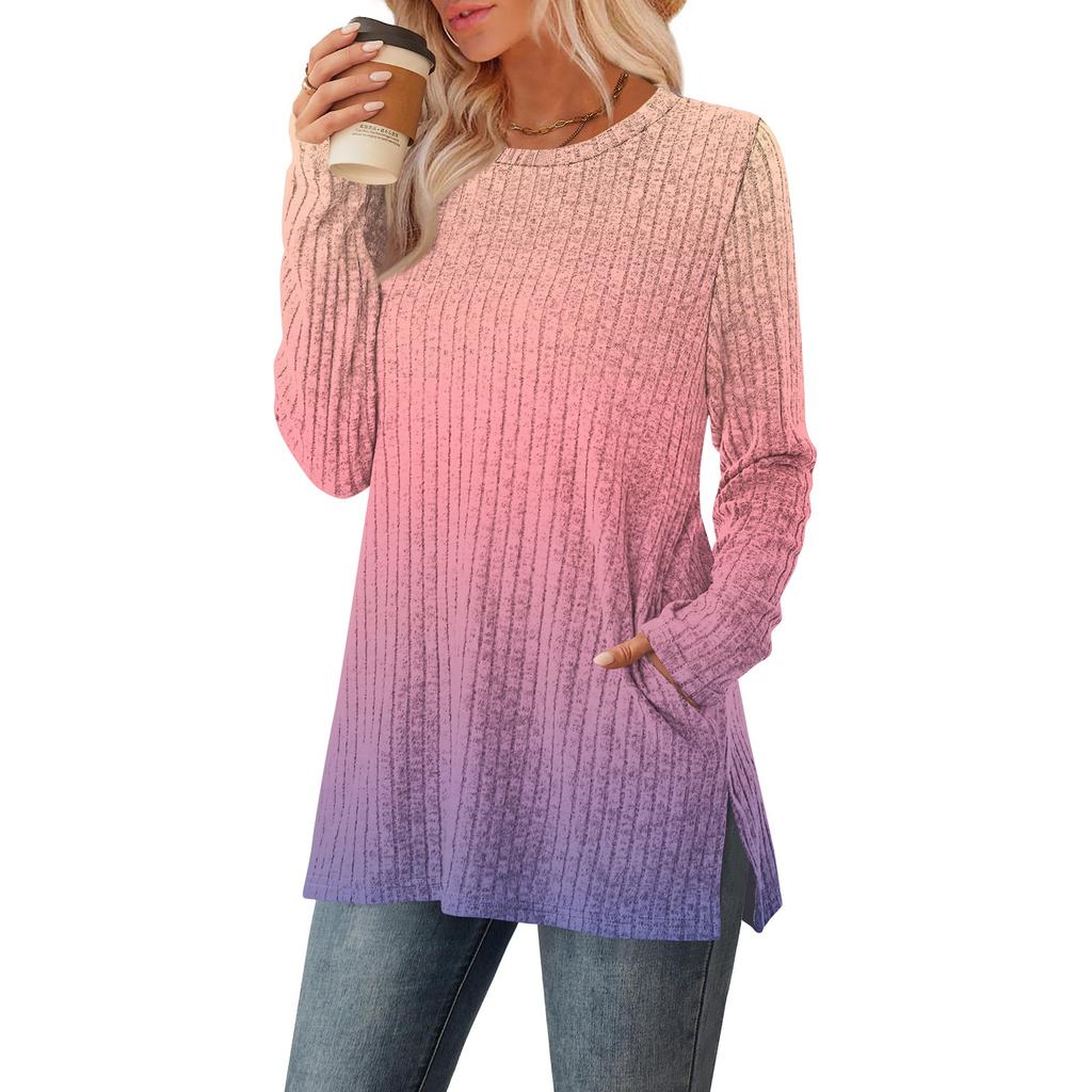 Women's Gradient Printed Round-neck Long-sleeved Top With Pockets And Side Slits