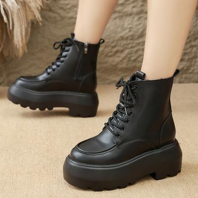 Damen Herbst Winter Dicke Sohle Stiefeletten Mode Schwarz Klobige Plateau Kampfstiefel Frau Rutschfest Reißverschluss PU-Leder Botas Mujer