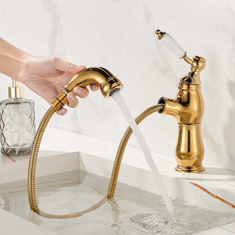Gold Bathroom Ceramic handle Basin Faucets Pull Out Mixers Sink Faucet Washbasin Taps Water Tap Tapware Crane Brass Material