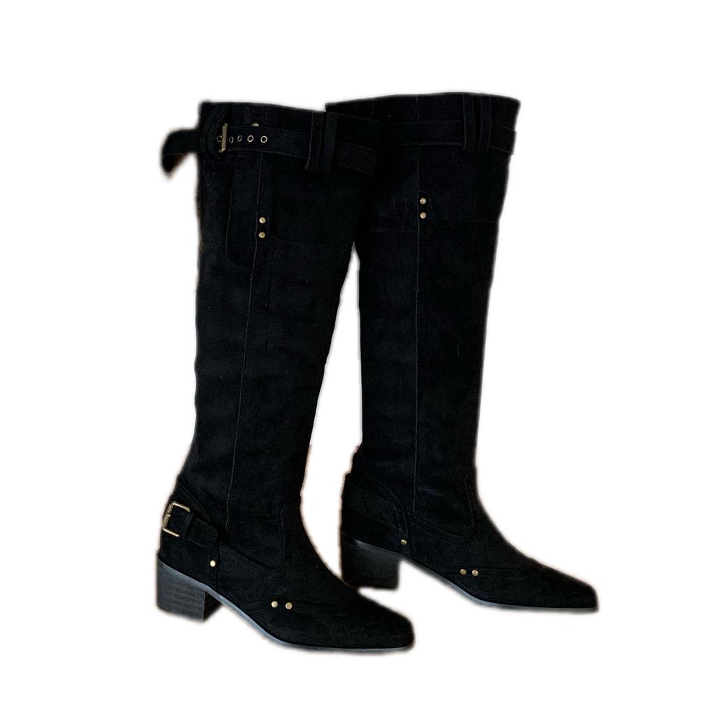 In-Stock Western Suede Cowboy Boots: Wide Shaft, Chunky Heel, Square Toe, Versatile, Wrinkled Slouch Design