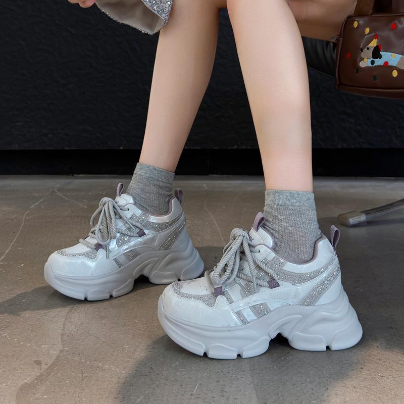 Sneakers Women's 2026 Autumn New Platform Casual Shoes Inner Height-increasing Shoes Versatile Rhinestone Dad Shoes