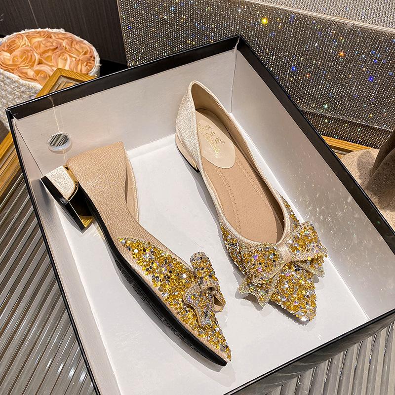 Coarse Heel Single Shoes Women's New Bow Rhinestone High Heels Pointed Head Shallow Mouth Large Size -
