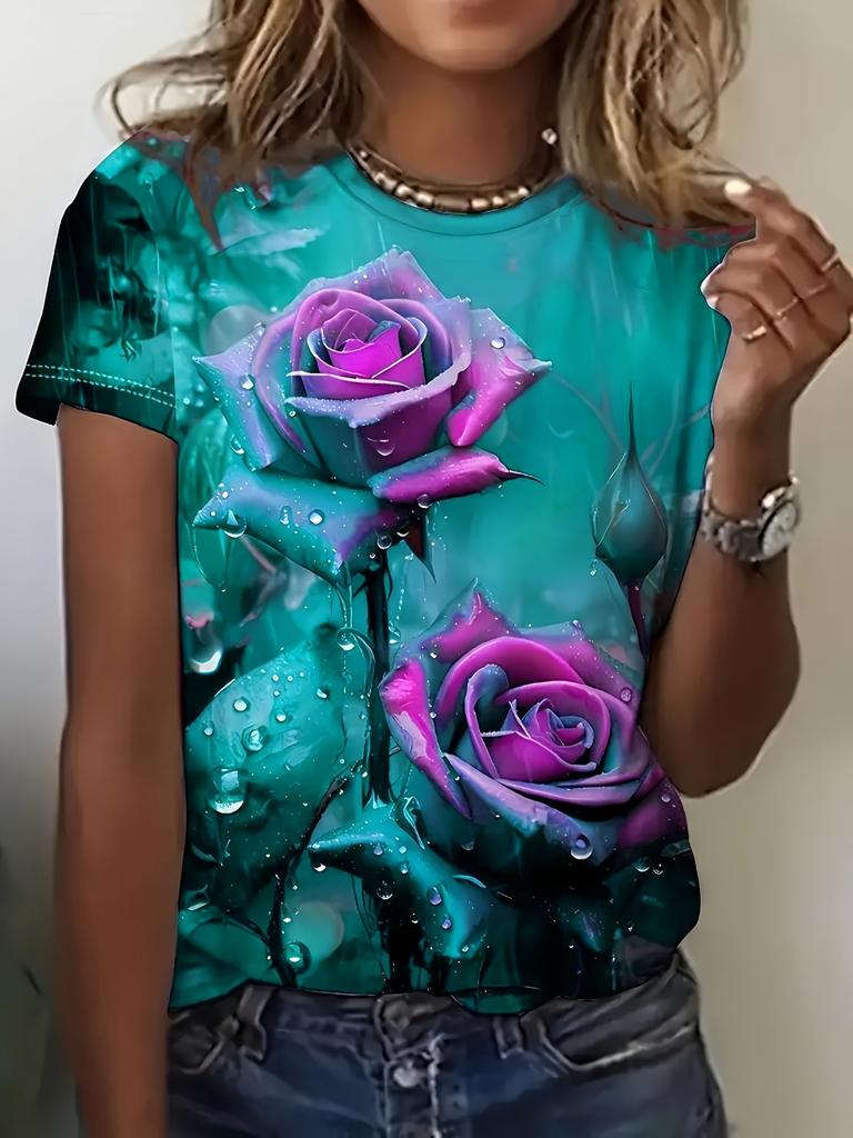 Teal & Purple Women's Tee - Dewy Rose Graphic, Vibrant Floral Print Design for Casual Daily Wear