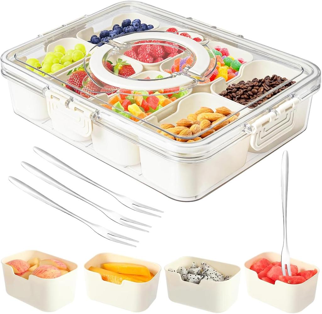 Snackle Box Container with Lid and Handle Portable Snack Box 8 Compartment Divided Serving Tray Clear Storage Organizer