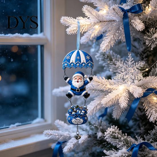 Holiday Wall Hanging Decor Christmas Skydiving Santa Claus/Gingerbread Man Ornament, 2D Flat Wooden Pendant with Festive Tree Pendants String and Bell